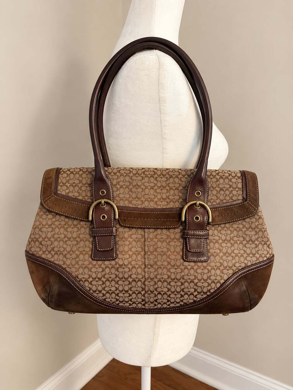 Coach Soho Brown Signature C Canvas and Suede Flap Buckle Shoulder Bag